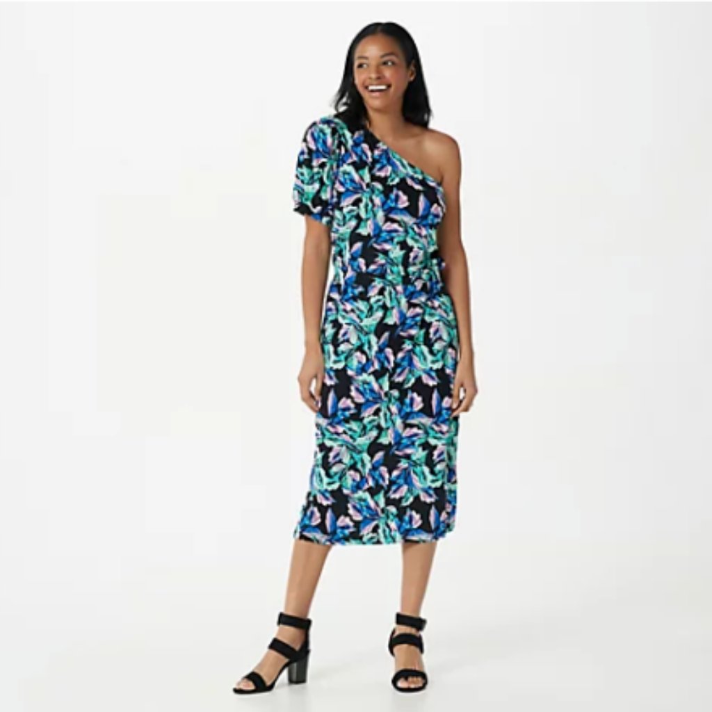 Nwt G.I.L.I. One Shoulder Printed Knit Dress Black Floral Large